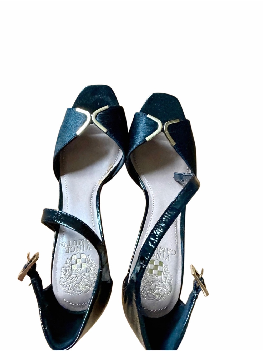 Vince Camuto Black Patent Slingback Heels with Gold Accent
